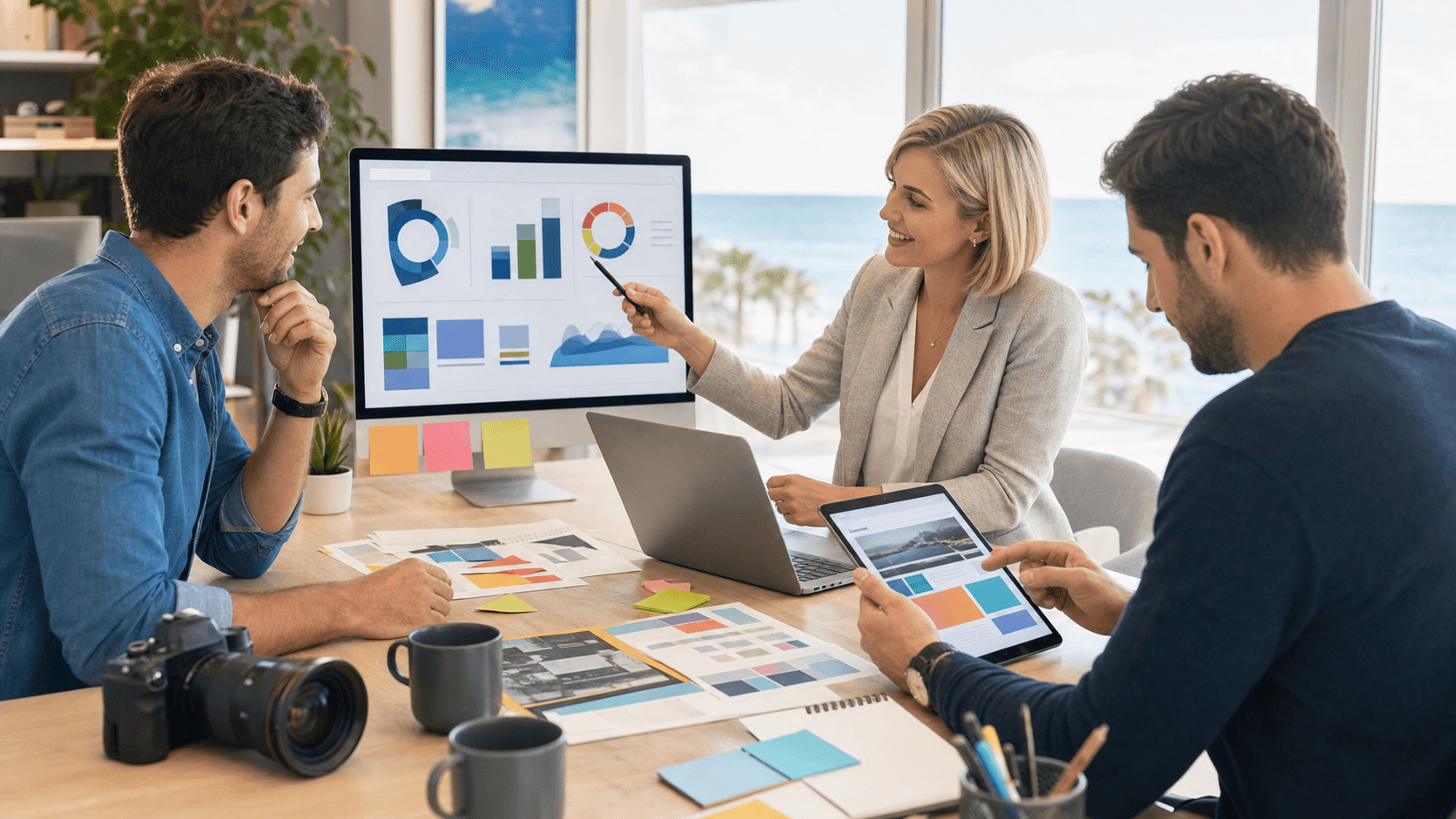 Laptop with analytics dashboard beside a rocket icon and ads chart on a blue gradient background