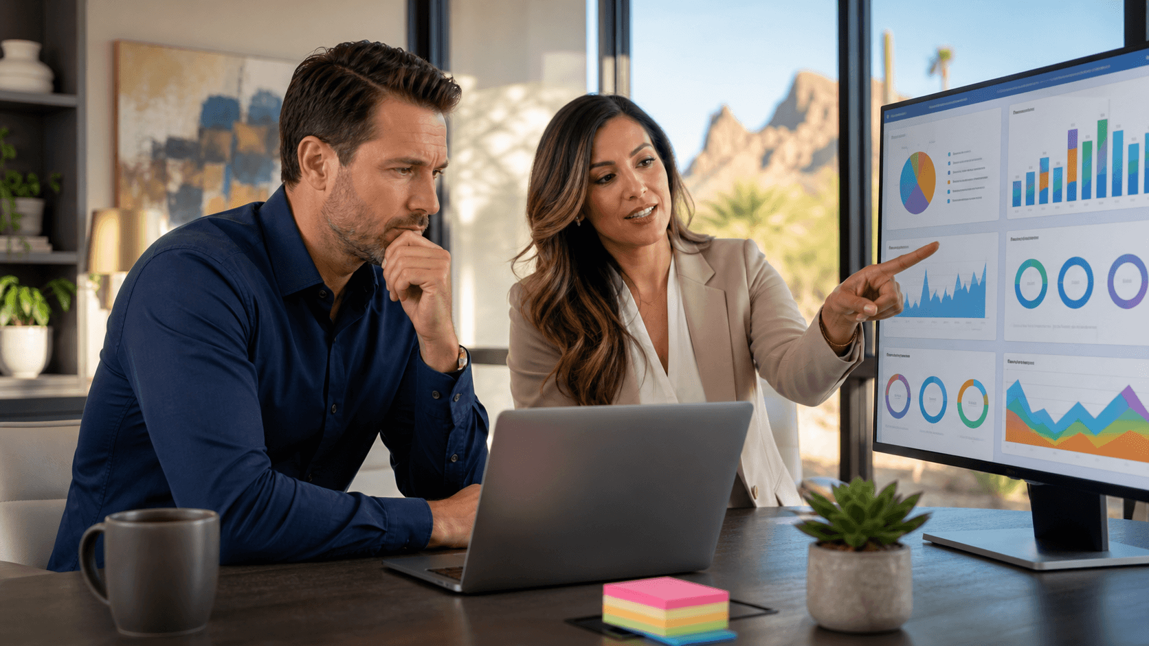 Desert city skyline at sunset with a laptop showing rising analytics graph, warm orange light and cactus in foreground.